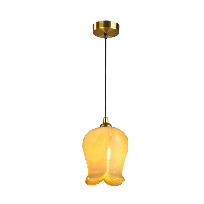 Rustic White/Yellow Glass Blossom Drop Pendant - Bedroom Ceiling Suspension Lamp