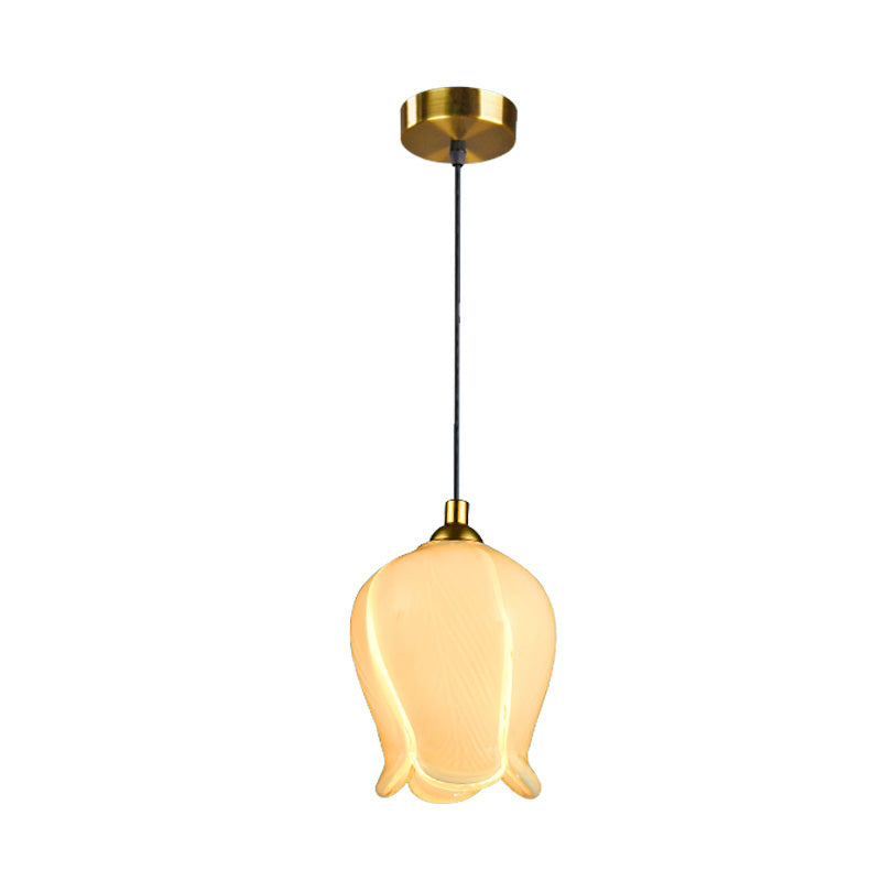 Rustic White/Yellow Glass Blossom Drop Pendant - Bedroom Ceiling Suspension Lamp