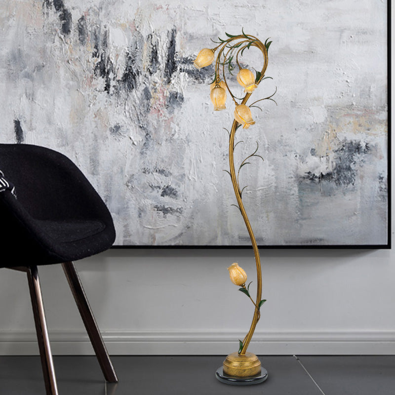 Beige Glass Tree Floor Lamp: Rural Floral Bedroom Standing Light In Brass - 6 Lights