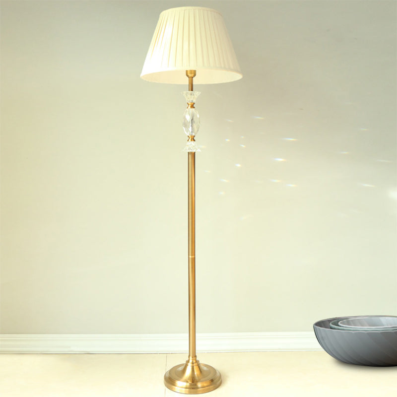 Traditional Tapered Fabric Standing Lamp: White Floor Light With Crystal Accent - Perfect For Living
