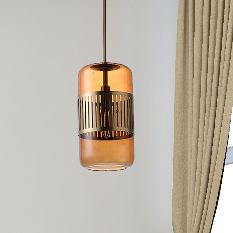 Minimalist Amber/Green Glass Kitchen Island Suspension Lamp - 1 Head Ceiling Hang Fixture