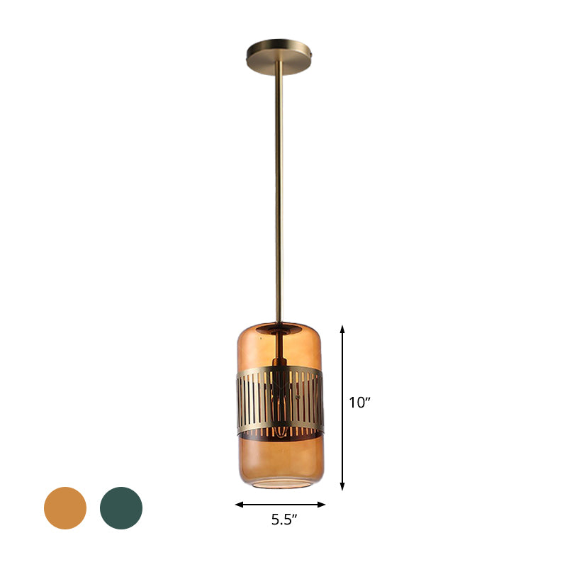 Minimalist Amber/Green Glass Kitchen Island Suspension Lamp - 1 Head Ceiling Hang Fixture