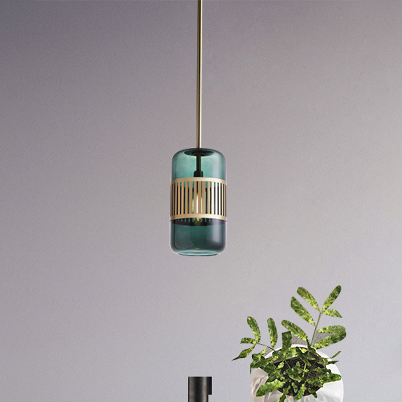 Minimalist Amber/Green Glass Kitchen Island Suspension Lamp - 1 Head Ceiling Hang Fixture Green