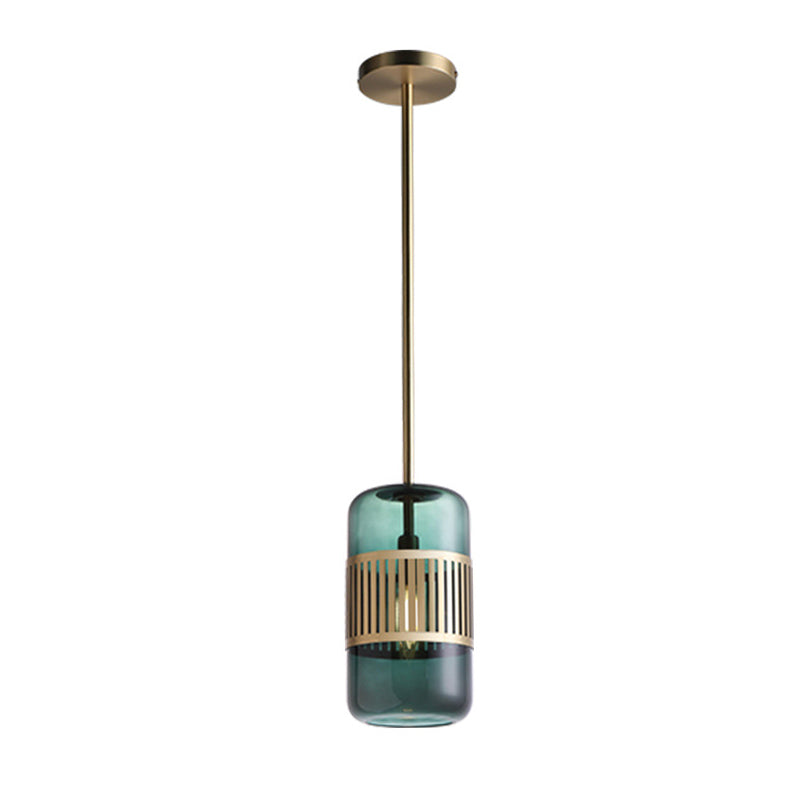 Minimalist Amber/Green Glass Kitchen Island Suspension Lamp - 1 Head Ceiling Hang Fixture