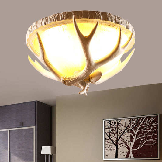 Traditional Resin 3-Light Brown Ceiling Light Fixture with Antler Deco - Dome Shaped Flush Mount for Living Room