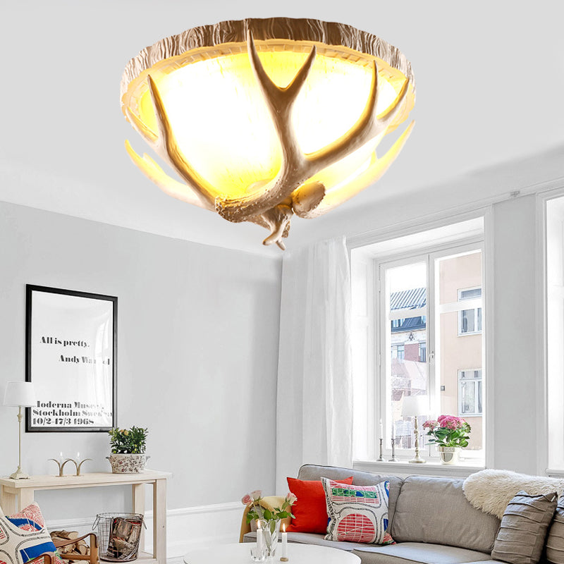 Plafonnier traditionnel en résine marron à 3 lampes avec décoration en bois de cerf - Montage encastré en forme de dôme pour le salon