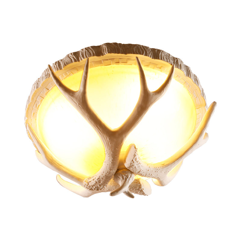 Plafonnier traditionnel en résine marron à 3 lampes avec décoration en bois de cerf - Montage encastré en forme de dôme pour le salon