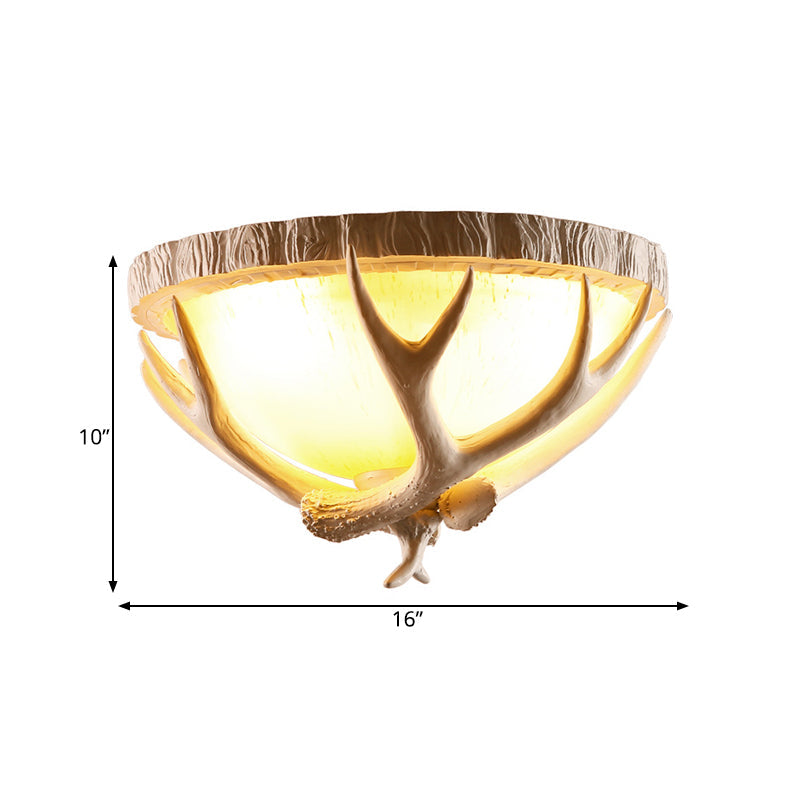 Plafonnier traditionnel en résine marron à 3 lampes avec décoration en bois de cerf - Montage encastré en forme de dôme pour le salon