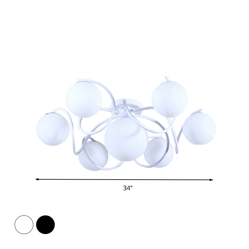 Orb Opal Glass Semi Flush Light - Traditional Black/White - 4/7 Lights - Living Room Ceiling Lighting - 22"/34" Wide