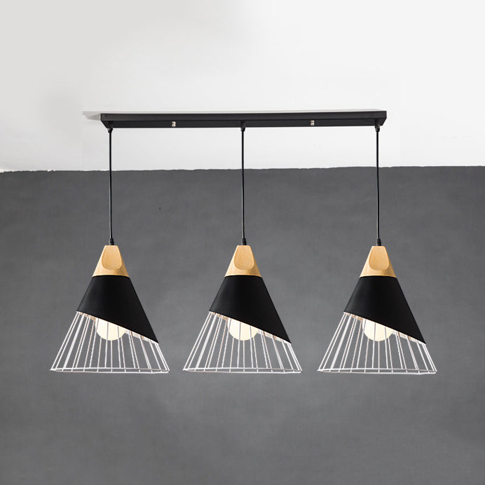 Black Tapered Cage Pendant Light Fixture - Modern Metal Design, 3 Lights, Indoor Hanging - Linear/Round Canopy