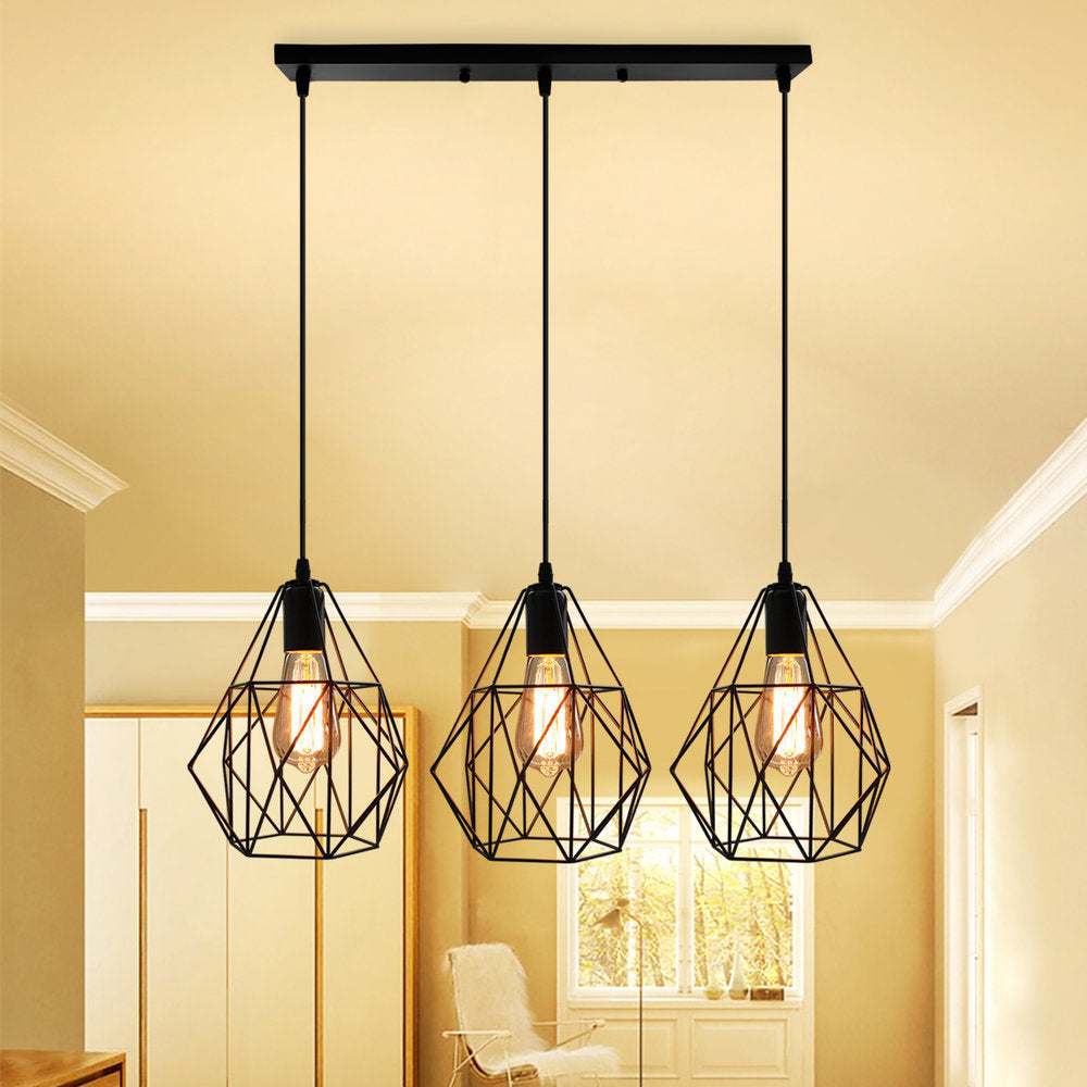 Vintage Faceted Cage Ceiling Fixture 3 Bulbs Pendant Lighting Black Metal For Dining Table / A