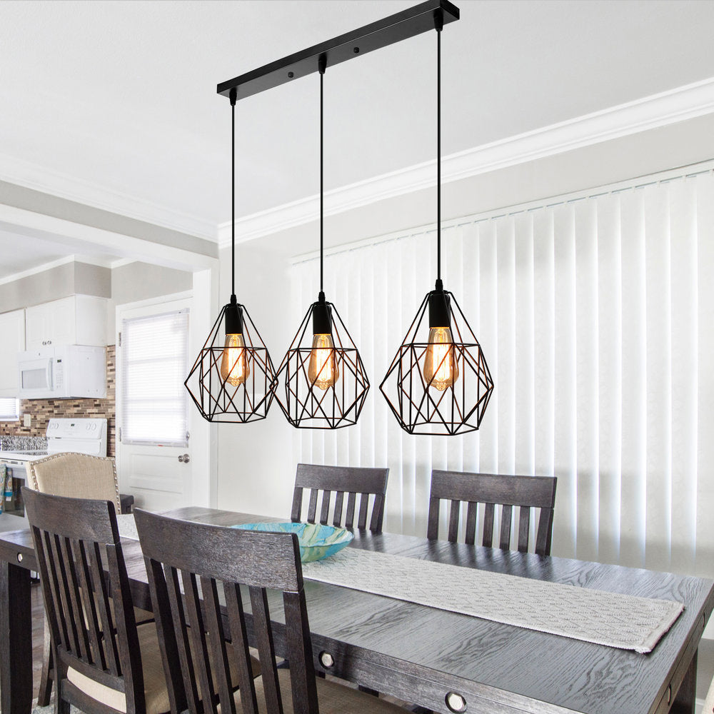 Vintage Faceted Cage Ceiling Fixture 3 Bulbs Pendant Lighting Black Metal For Dining Table