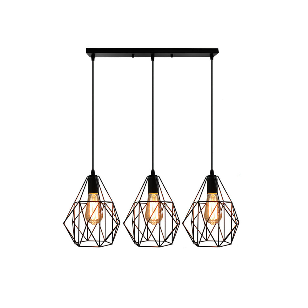 Vintage Faceted Cage Ceiling Fixture 3 Bulbs Pendant Lighting Black Metal For Dining Table