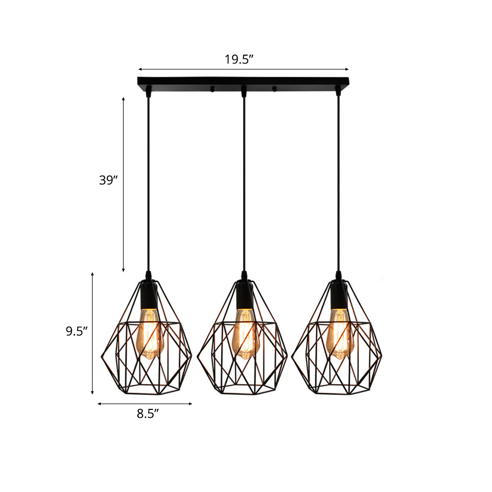 Vintage Faceted Cage Ceiling Fixture 3 Bulbs Pendant Lighting Black Metal For Dining Table