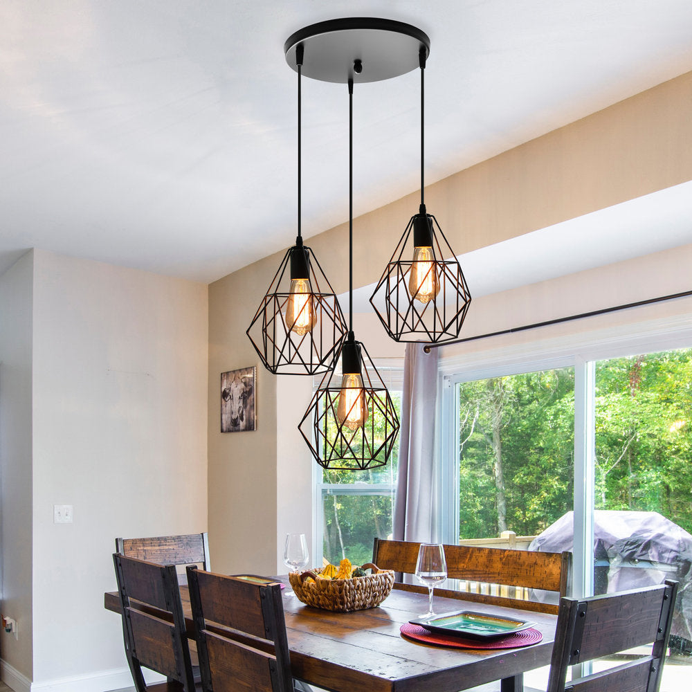 Vintage Faceted Cage Ceiling Fixture 3 Bulbs Pendant Lighting Black Metal For Dining Table