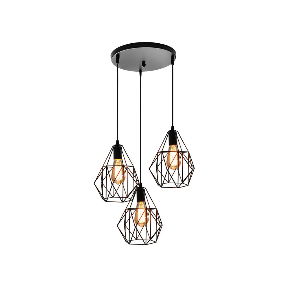 Vintage Faceted Cage Ceiling Fixture 3 Bulbs Pendant Lighting Black Metal For Dining Table