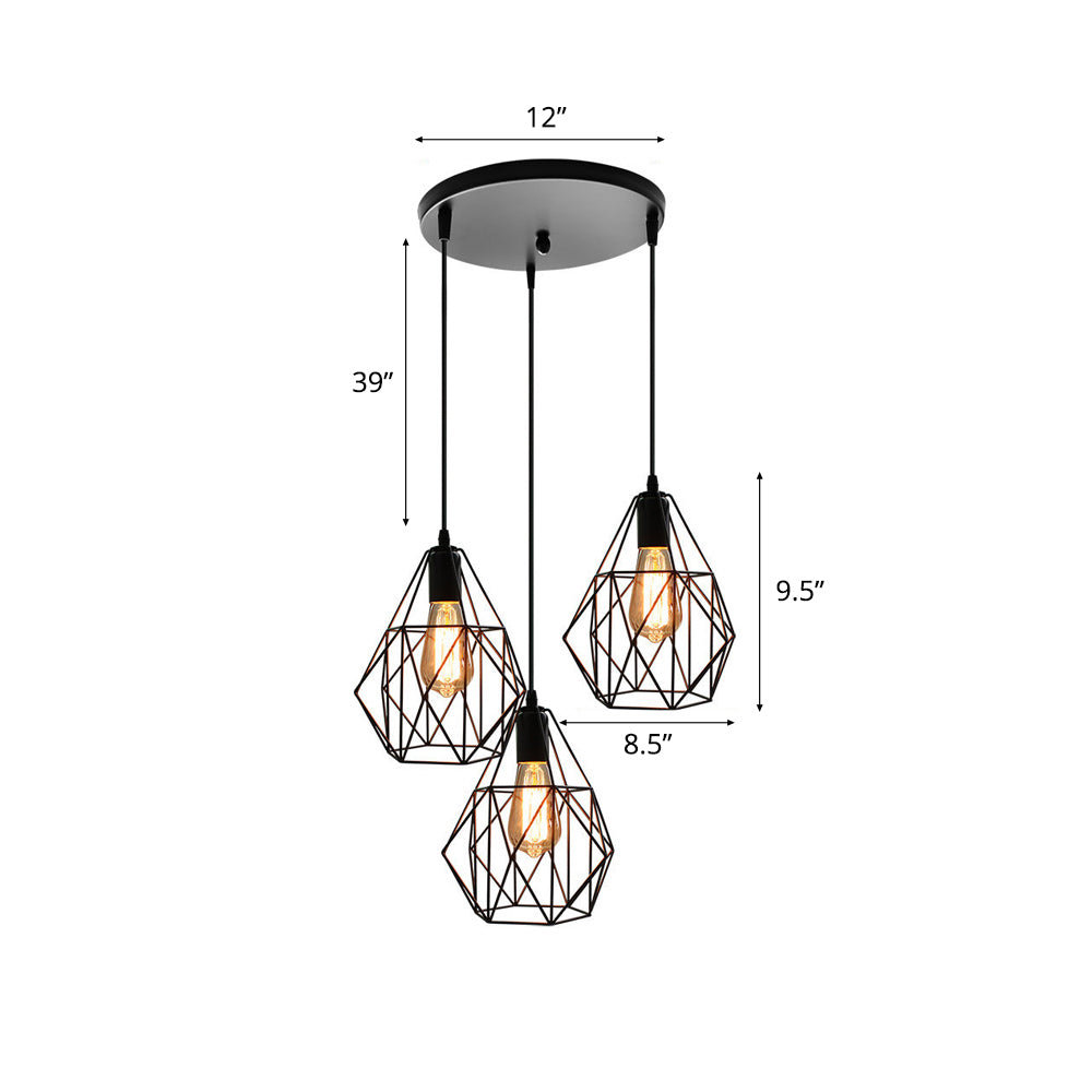 Vintage Faceted Cage Ceiling Fixture 3 Bulbs Pendant Lighting Black Metal For Dining Table