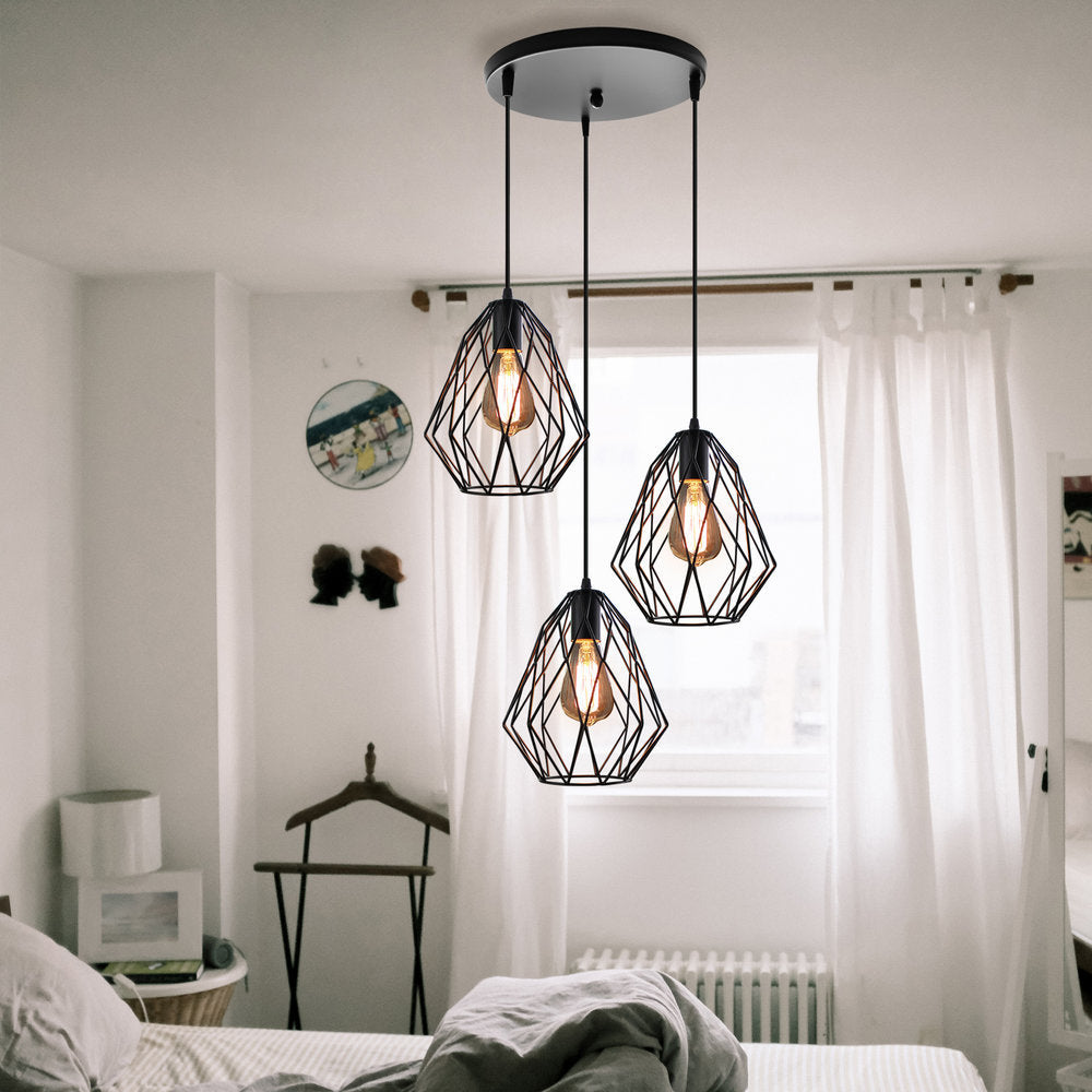 Vintage Faceted Cage Ceiling Fixture 3 Bulbs Pendant Lighting Black Metal For Dining Table