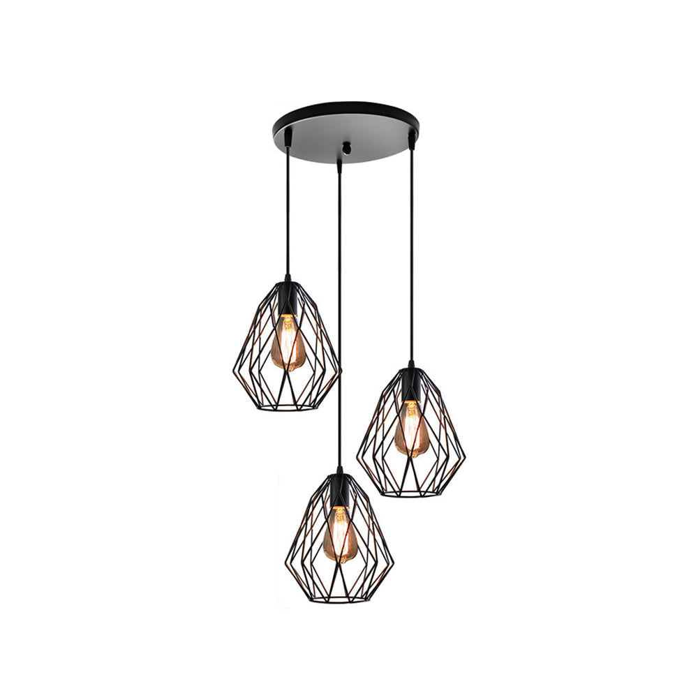 Vintage Faceted Cage Ceiling Fixture 3 Bulbs Pendant Lighting Black Metal For Dining Table