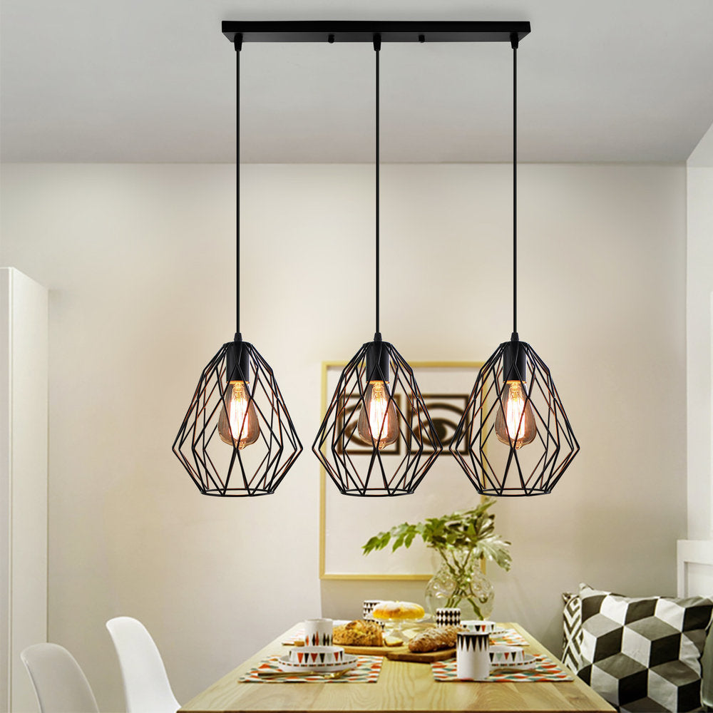 Vintage Faceted Cage Ceiling Fixture 3 Bulbs Pendant Lighting Black Metal For Dining Table