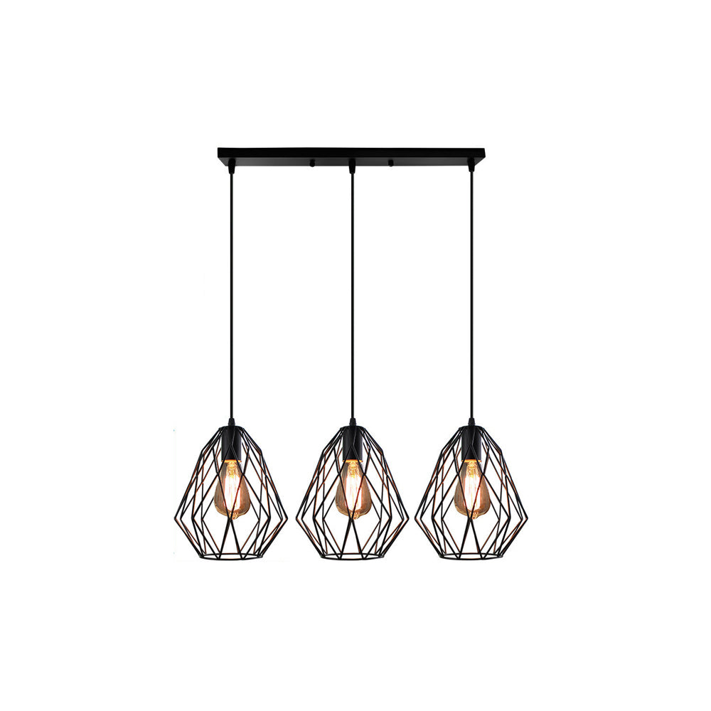 Vintage Faceted Cage Ceiling Fixture 3 Bulbs Pendant Lighting Black Metal For Dining Table