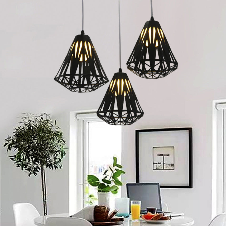 Stylish Loft Wire Cage Ceiling Light With Diamond Shade 3 Heads Black/White Black / Round