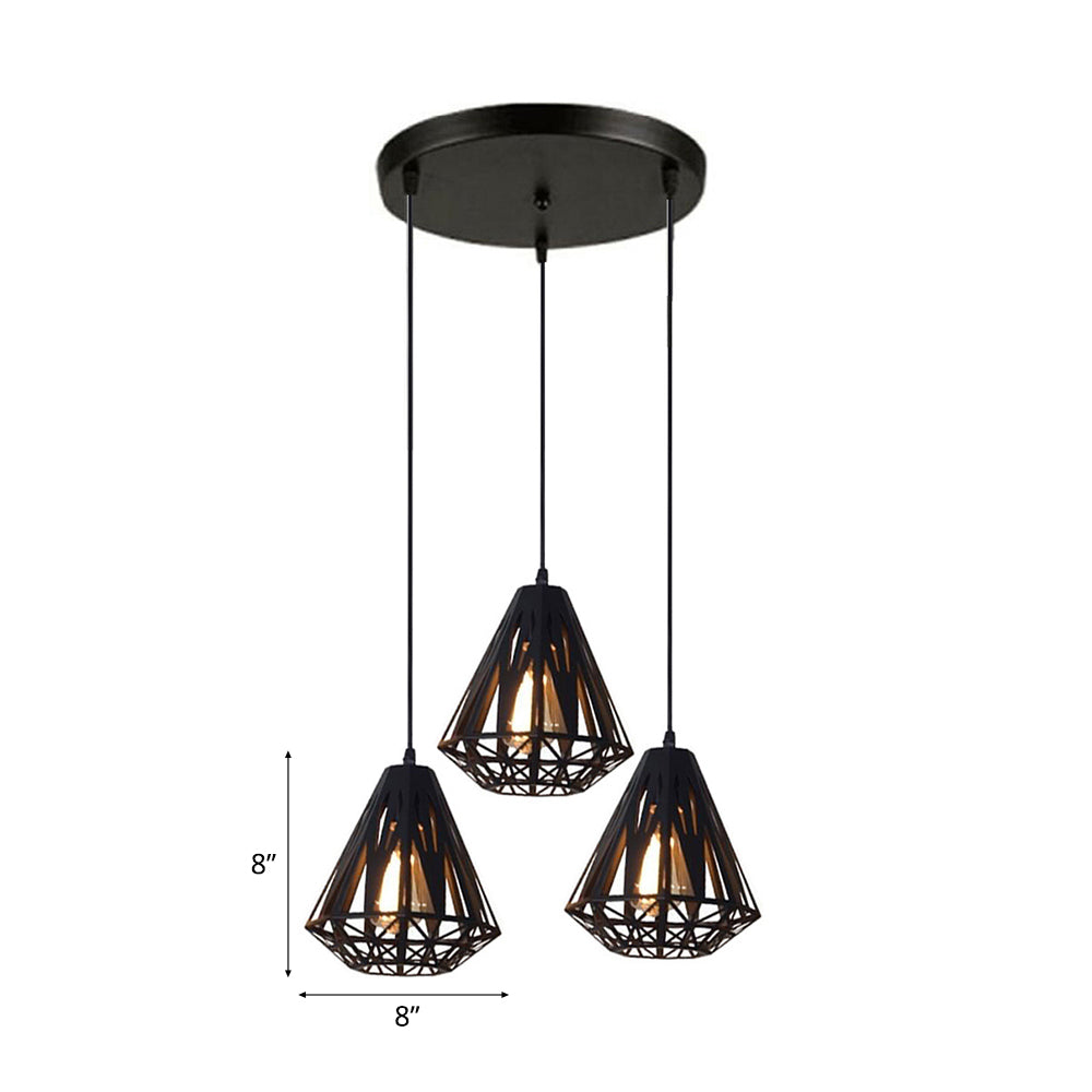 Stylish Wire Cage Suspension Light with Diamond Shade - Loft 3-Head Metal Ceiling Fixture (Black/White)