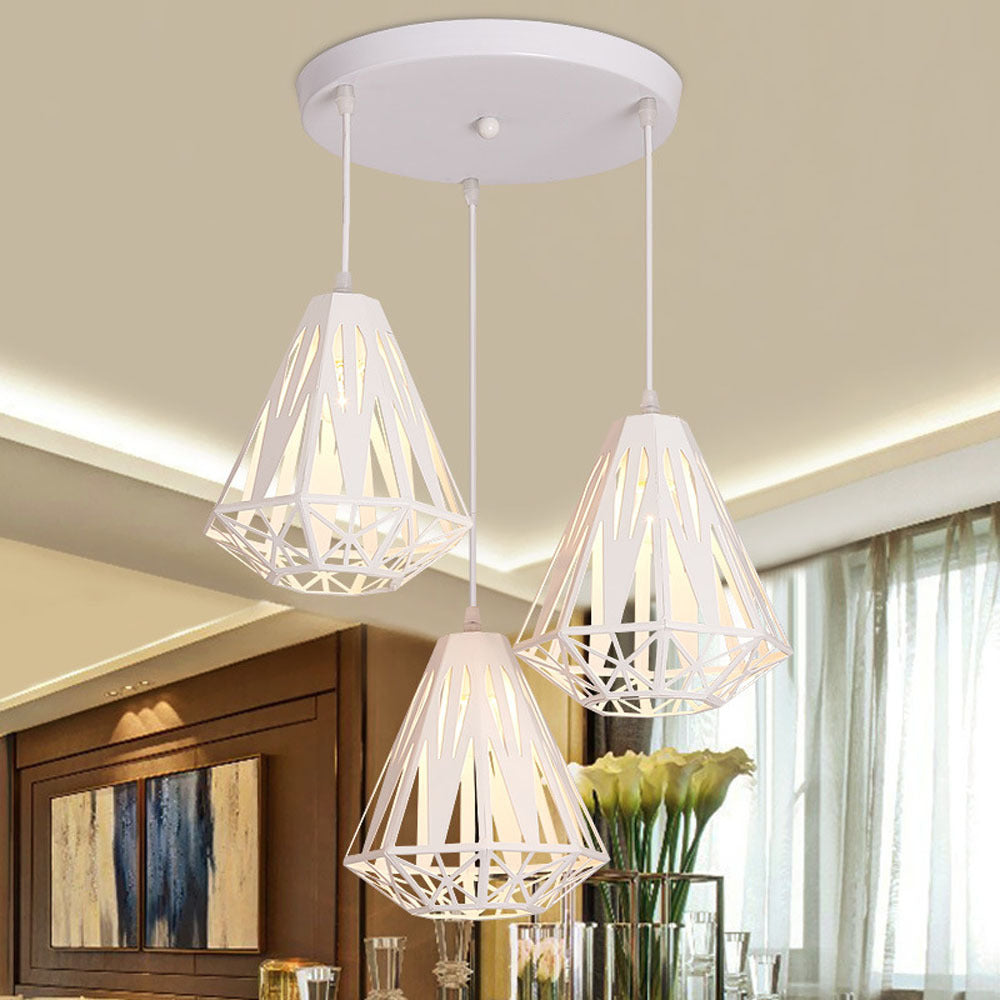 Stylish Wire Cage Suspension Light with Diamond Shade - Loft 3-Head Metal Ceiling Fixture (Black/White)