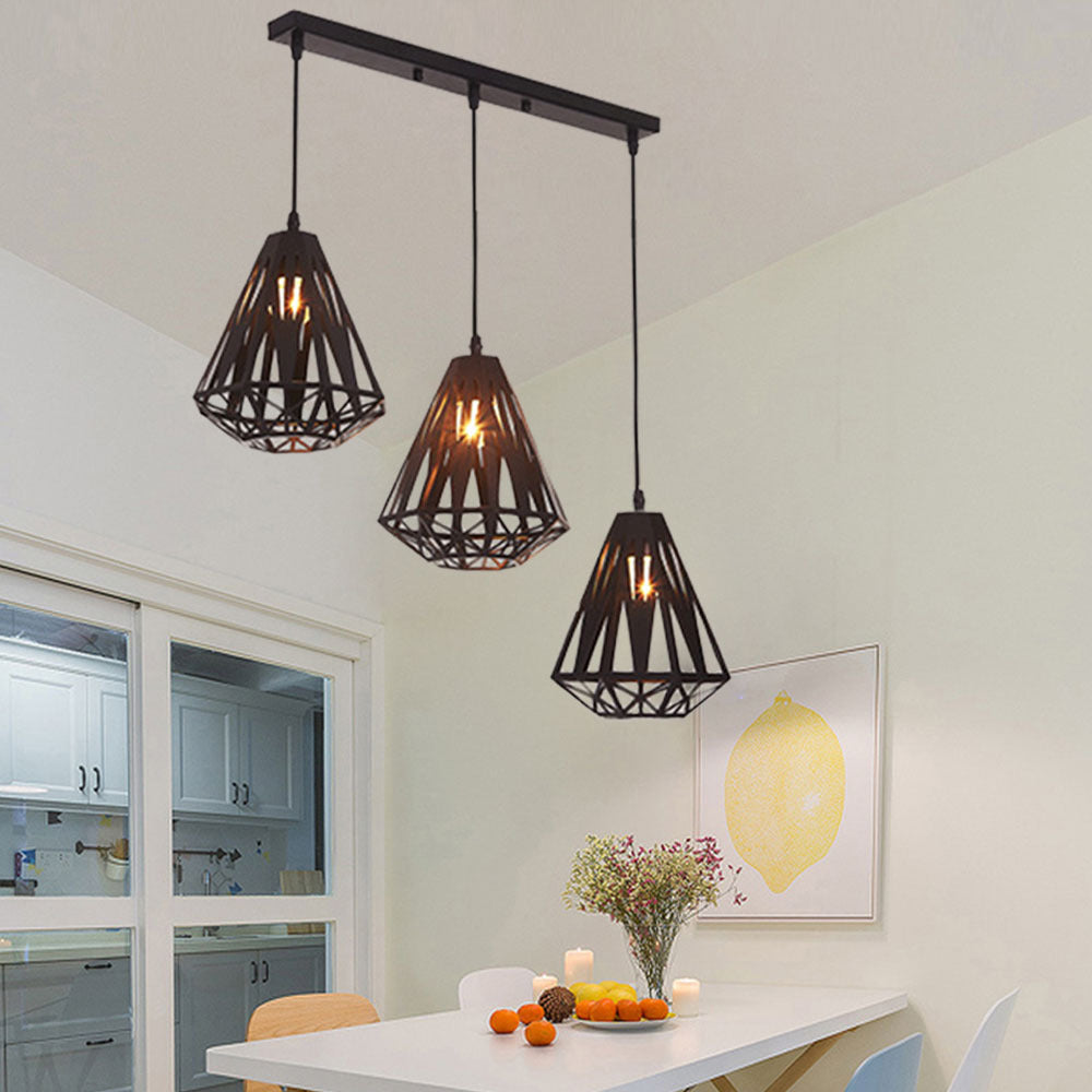 Stylish Loft Wire Cage Ceiling Light With Diamond Shade 3 Heads Black/White Black / Linear