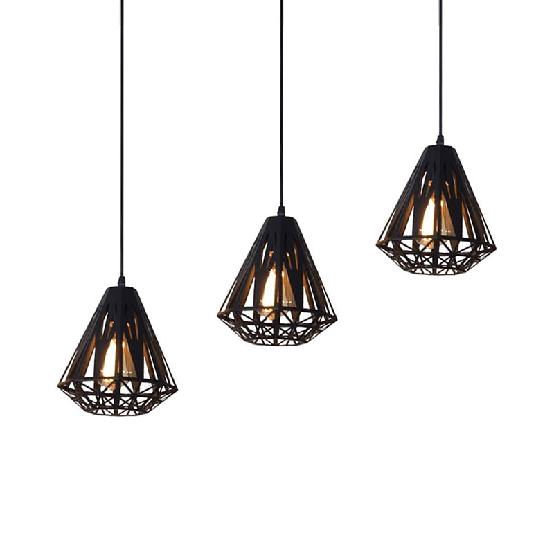 Stylish Wire Cage Suspension Light with Diamond Shade - Loft 3-Head Metal Ceiling Fixture (Black/White)