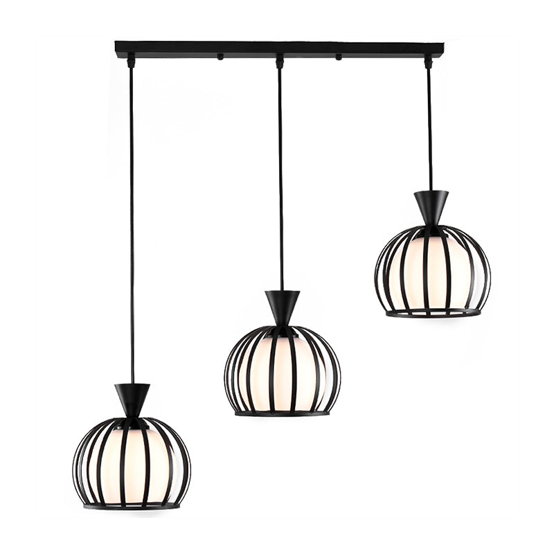 Suspension en forme de dôme en métal rétro avec abat-jour en verre laiteux - Luminaire suspendu d'intérieur à 3 ampoules en noir/blanc