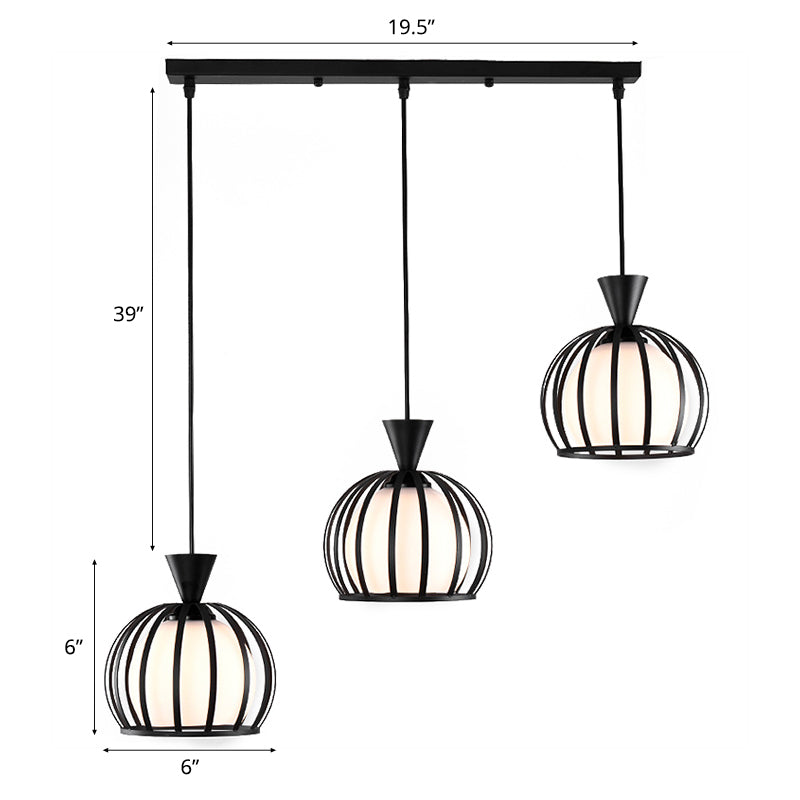 Suspension en forme de dôme en métal rétro avec abat-jour en verre laiteux - Luminaire suspendu d'intérieur à 3 ampoules en noir/blanc