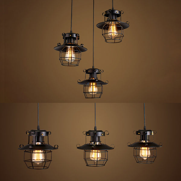 Vintage Industrial Black Metal Pendant Light with Dome Cage Shade and 3 Hanging Lights
