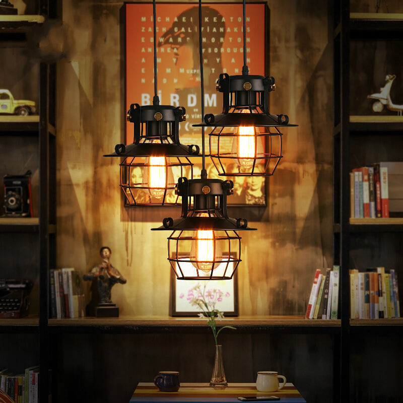 Vintage Industrial Black Metal Pendant Light with Dome Cage Shade and 3 Hanging Lights