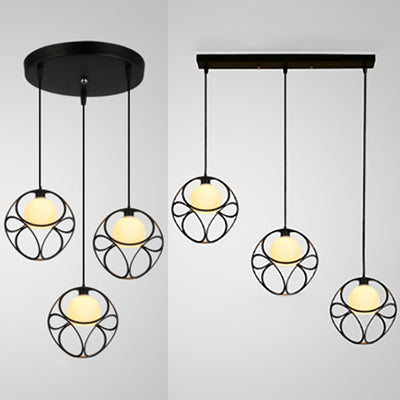 Retro 3-Head Cubic Cage Pendant Light With Glass Shade - Black