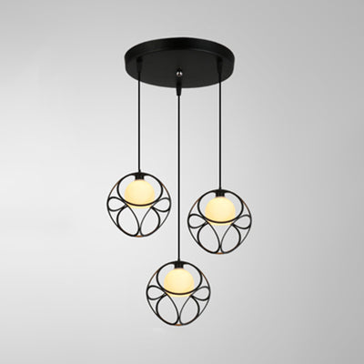 Retro Cubic Cage Metal Pendant Light with White Glass Shade - 3 Head Suspension Lamp in Black