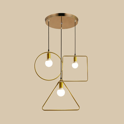 Retro Style Canopy Pendant Light With Frame Shades - Gold Metal Suspended Lamp (3 Lights) / Round
