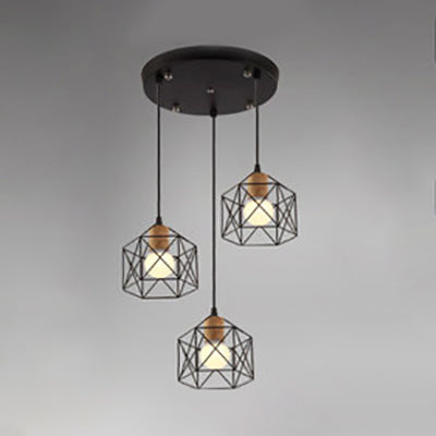 Retro Stylish 3-Light Metal Pendant Ceiling Fixture With Globe/Hexagon Cage Shade In Black / Hexagon