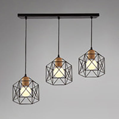 Retro Stylish 3-Light Metal Pendant Ceiling Fixture With Globe/Hexagon Cage Shade In Black / Hexagon
