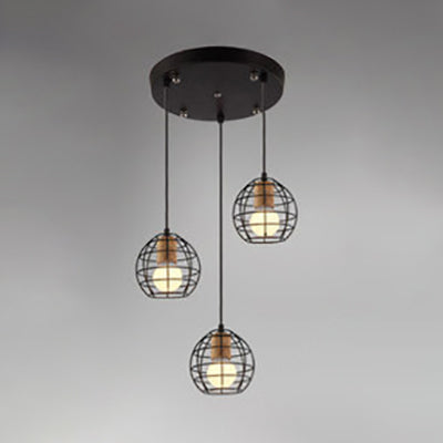 Stylish Retro Pendant Light with 3-Head Ceiling Fixture and Metal Globe/Hexagon Cage Shade in Black