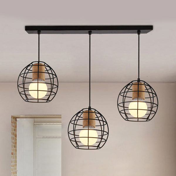Retro Stylish 3-Light Metal Pendant Ceiling Fixture With Globe/Hexagon Cage Shade In Black / Globe