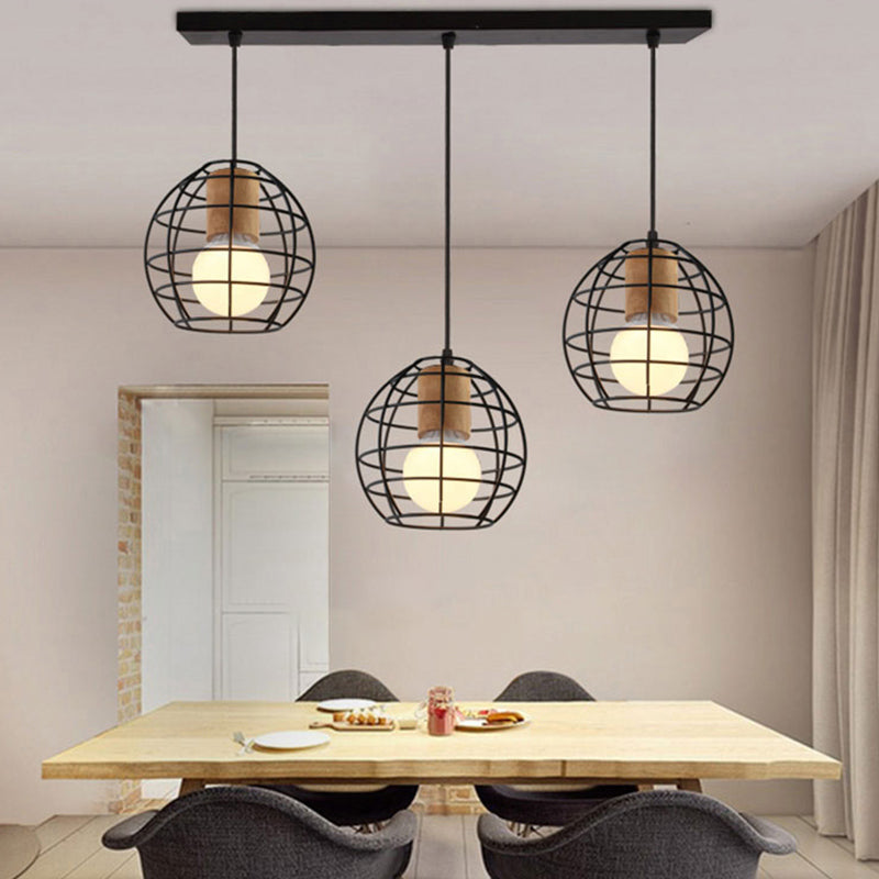 Retro Stylish 3-Light Metal Pendant Ceiling Fixture With Globe/Hexagon Cage Shade In Black