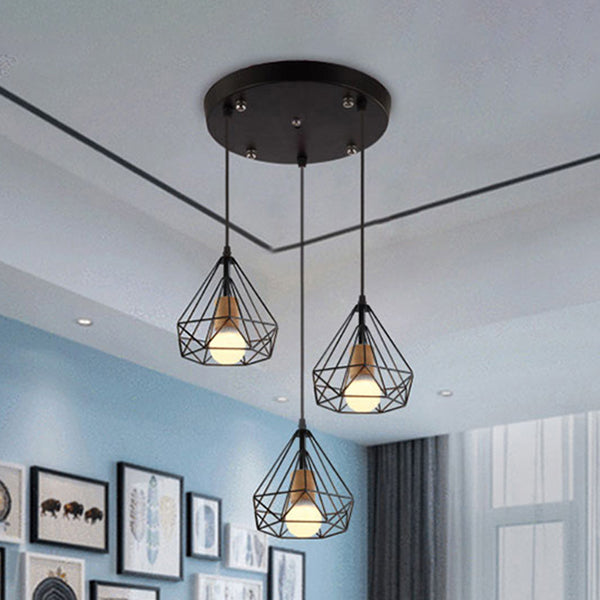 Industrial Style Pendant Lighting with Diamond Cage Shade and Metallic Black Finish - Set of 3 Bulbs