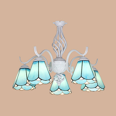 Suspension à abat-jour conique Tiffany avec 5 lumières en verre teinté en blanc/bleu pour le salon