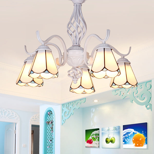 Suspension à abat-jour conique Tiffany avec 5 lumières en verre teinté en blanc/bleu pour le salon