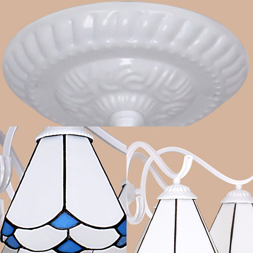 Suspension à abat-jour conique Tiffany avec 5 lumières en verre teinté en blanc/bleu pour le salon