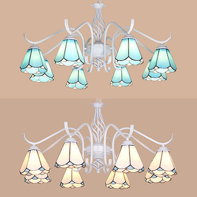 Suspension d'intérieur Tiffany bleu/blanc : lustre conique multi-lumières avec chaîne en métal - Idéal pour le salon