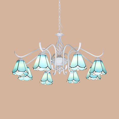 Suspension d'intérieur Tiffany bleu/blanc : lustre conique multi-lumières avec chaîne en métal - Idéal pour le salon