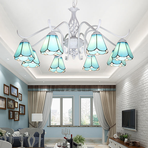 Suspension d'intérieur Tiffany bleu/blanc : lustre conique multi-lumières avec chaîne en métal - Idéal pour le salon