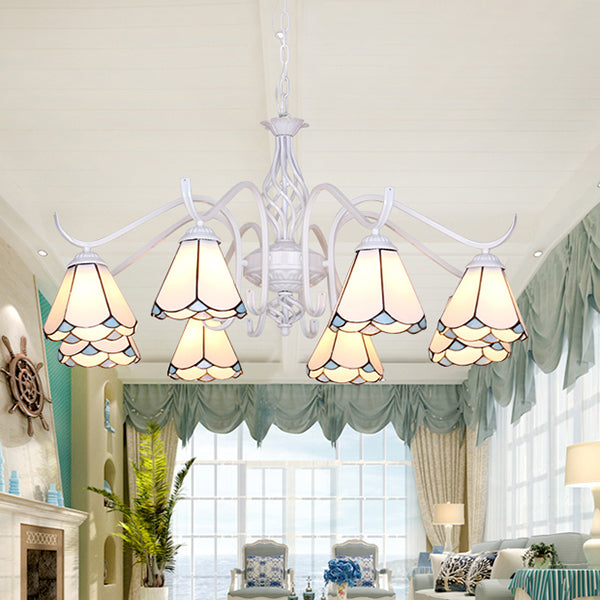 Suspension d'intérieur Tiffany bleu/blanc : lustre conique multi-lumières avec chaîne en métal - Idéal pour le salon